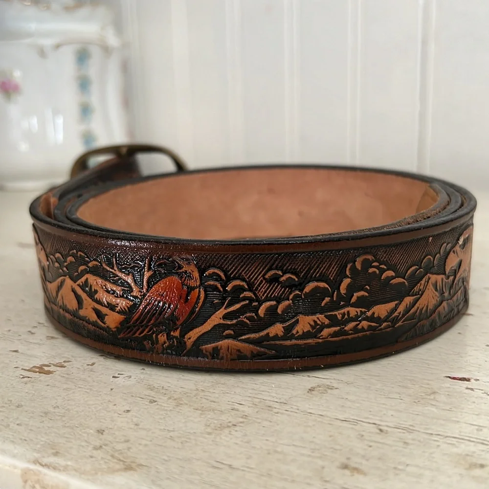 Vintage handmade tooled leather Eagle & mountains belt brass buckle 44”-48”